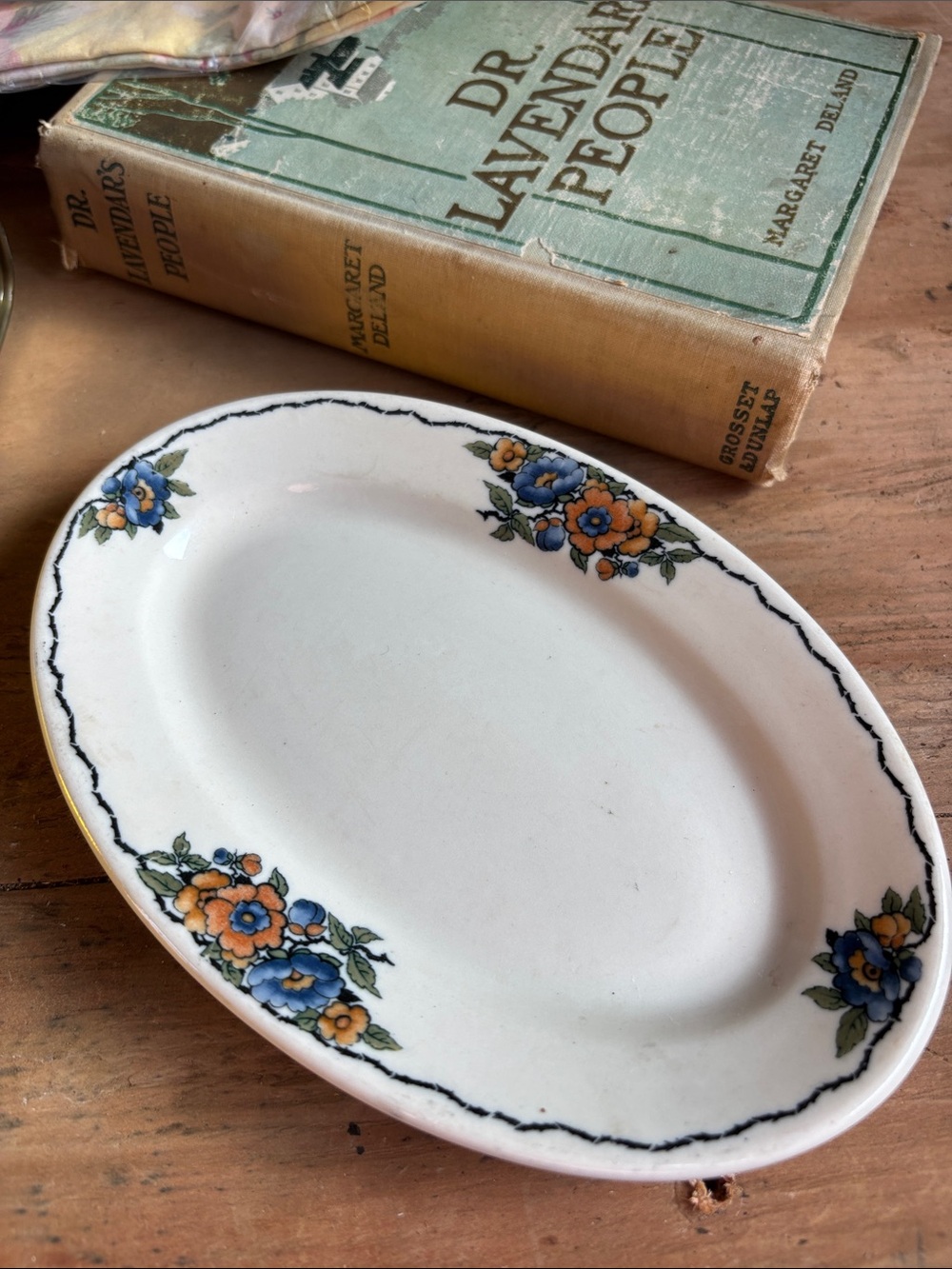 White Ceramic Oval Serving Platter with Blue and Orange Floral Pattern